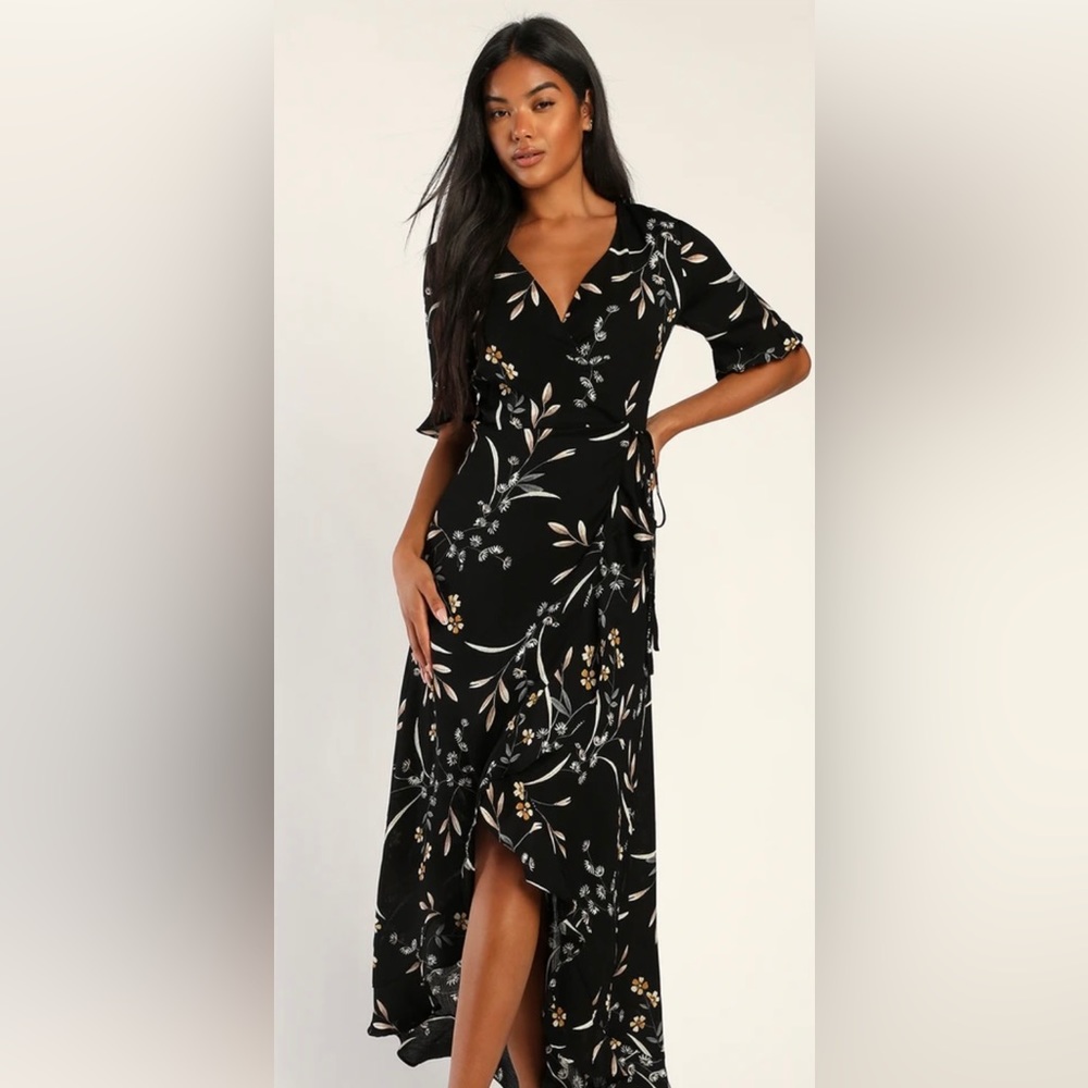 Lulu’s Black Floral Print High-Low Wrap Dress